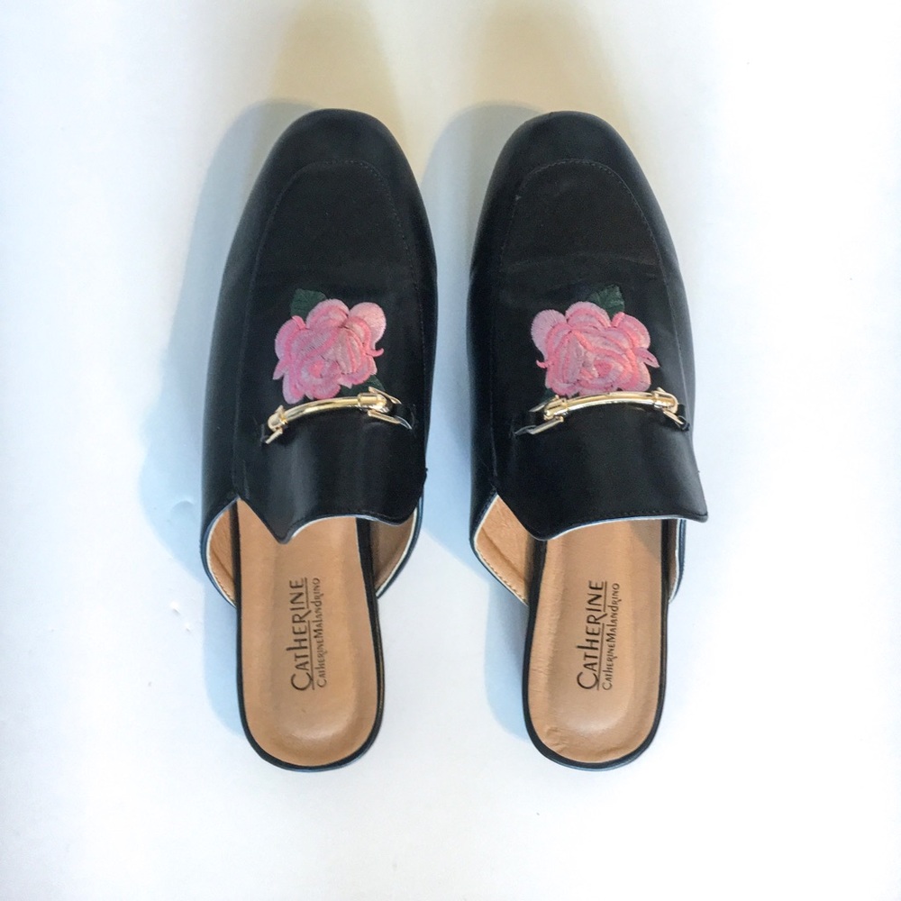 Black slip on with embroidered pink rose.